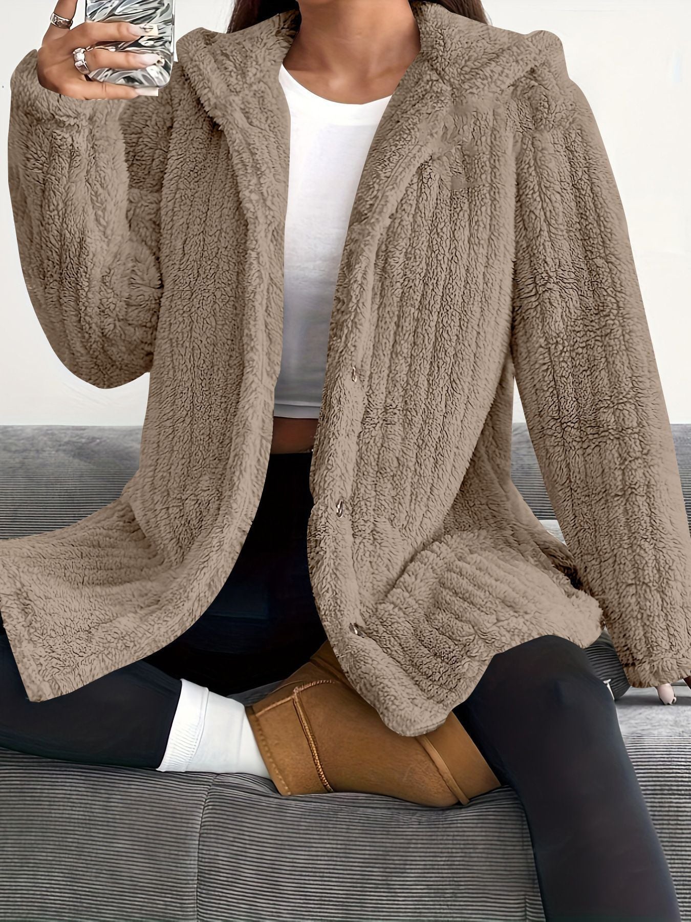 Hooded Loose Plush Coat Women's Regular Sleeve