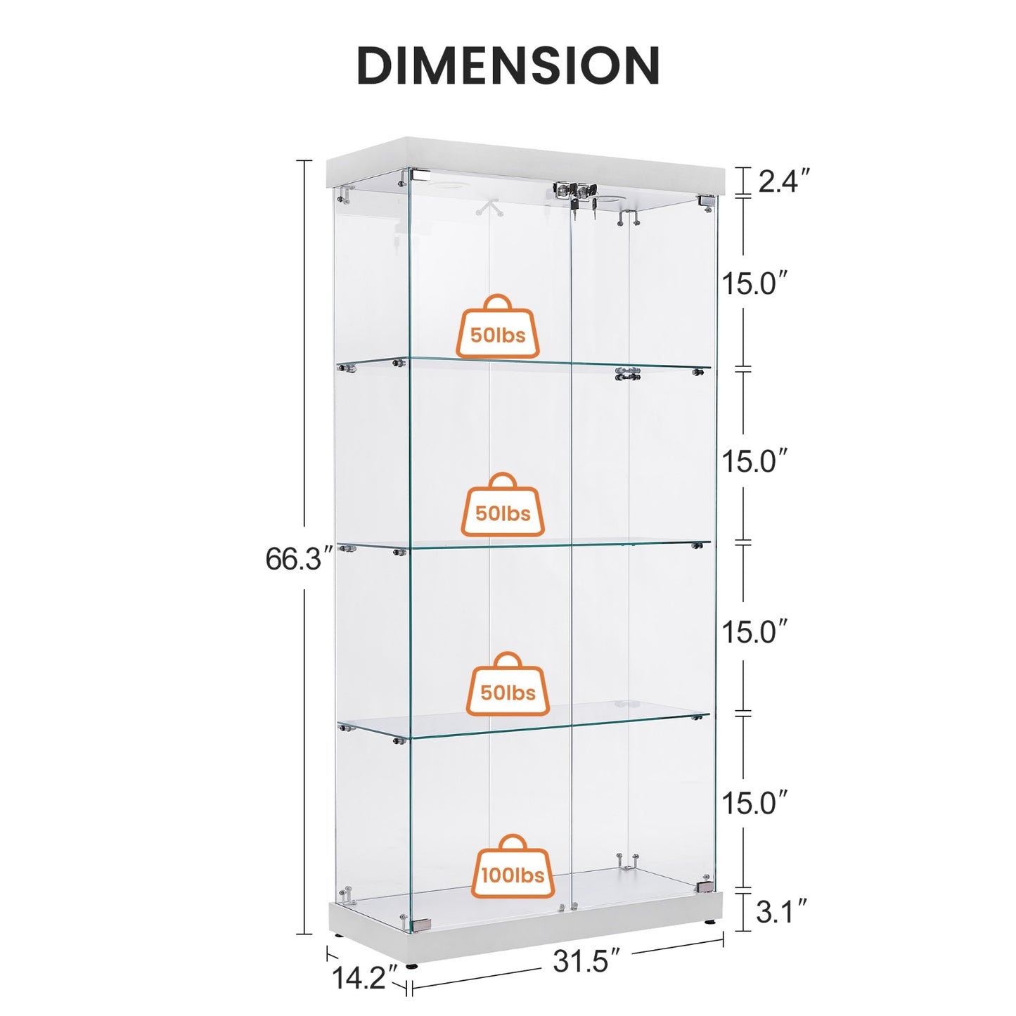 4-Tier Glass Display Cabinet, Double Door Glass Cabinet, Four Partitions, Two Locks, Floor Standing