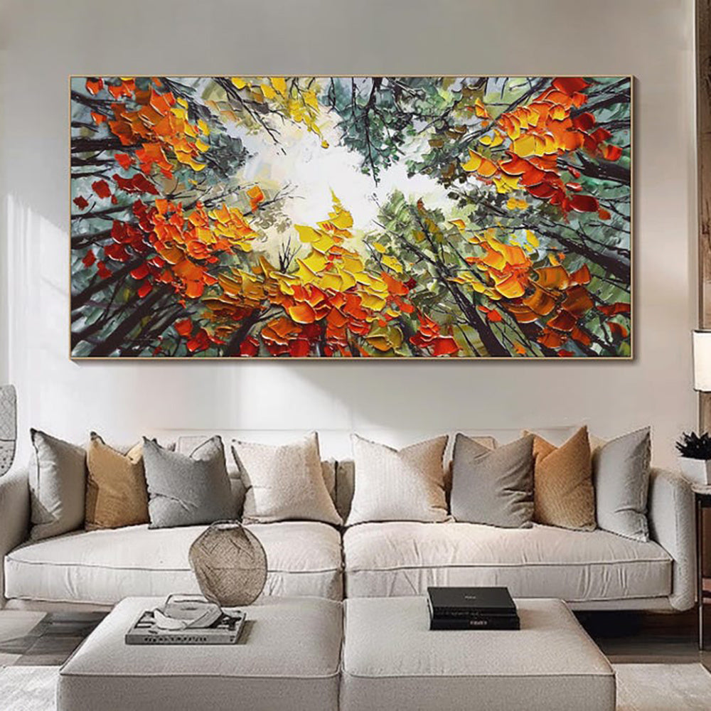 Modern Brich Treescape Landscape Canvas Artwork Handpainted Orange Forest Thick Oil Painting Natural Home Wall Decor