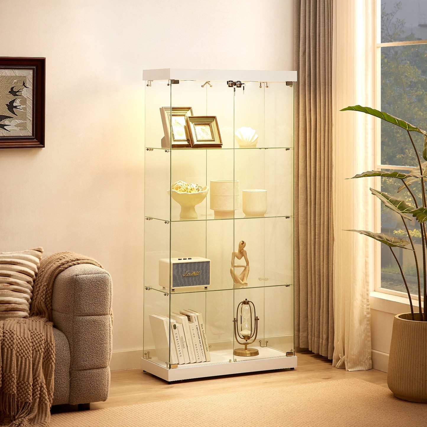 4-Tier Glass Display Cabinet, Double Door Glass Cabinet, Four Partitions, Two Locks, Floor Standing