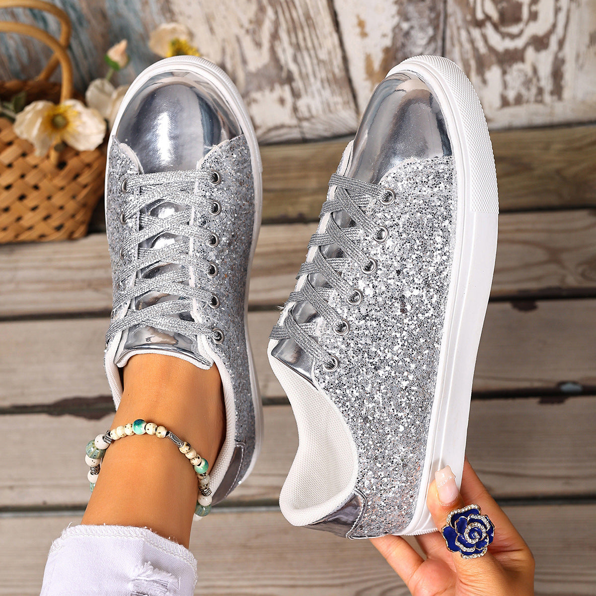 Plus Size Sequined Front Lace-up Solid Color Plus Size Board Shoes