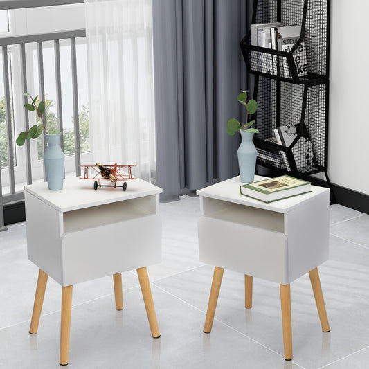 Set Of 2 Modern Nightstands With Drawer & Shelf For Bedroom Living Room - White