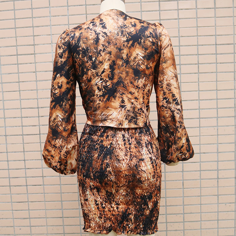 Women's 2 Piece Outfits Tie Knot Front Long Sleeve Crop Top And Mini Skirt Set