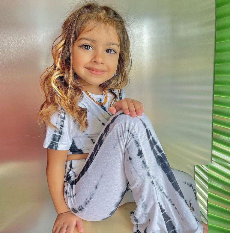 Girls Summer Tie Dye Short Sleeve T-Shirt Flared Pants Set