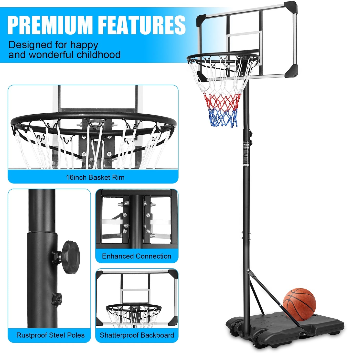 Portable Basketball Goal System With Base & Wheels, Indoor Outdoor Use For Teens