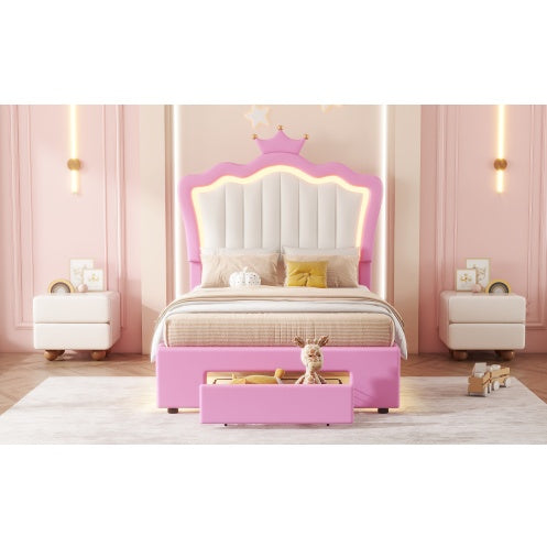 Twin Size Upholstered Bed Frame With LED Lights, Modern Upholstered Princess Bed With Crown Headboard, A Drawer