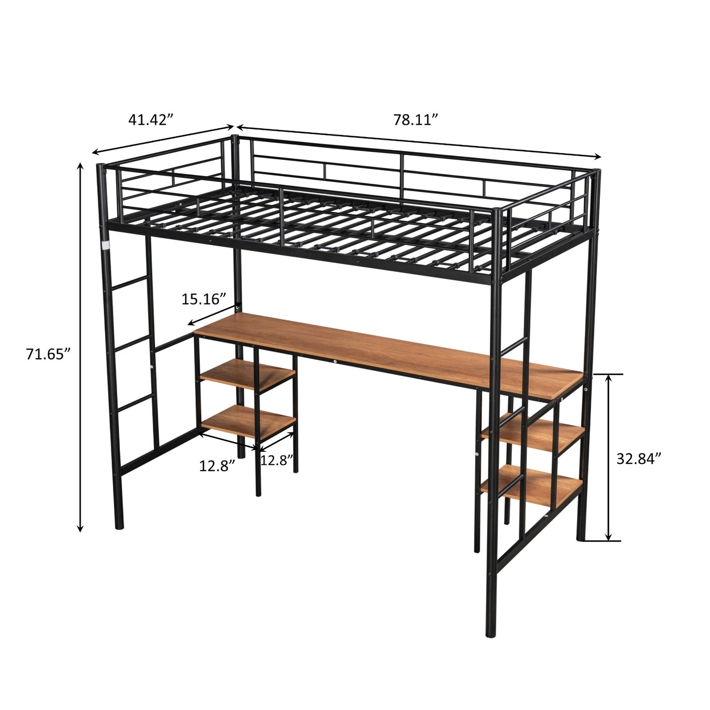 Twin-Size Loft Bed With Built-in Table & Shelves - Heavy-Duty Metal