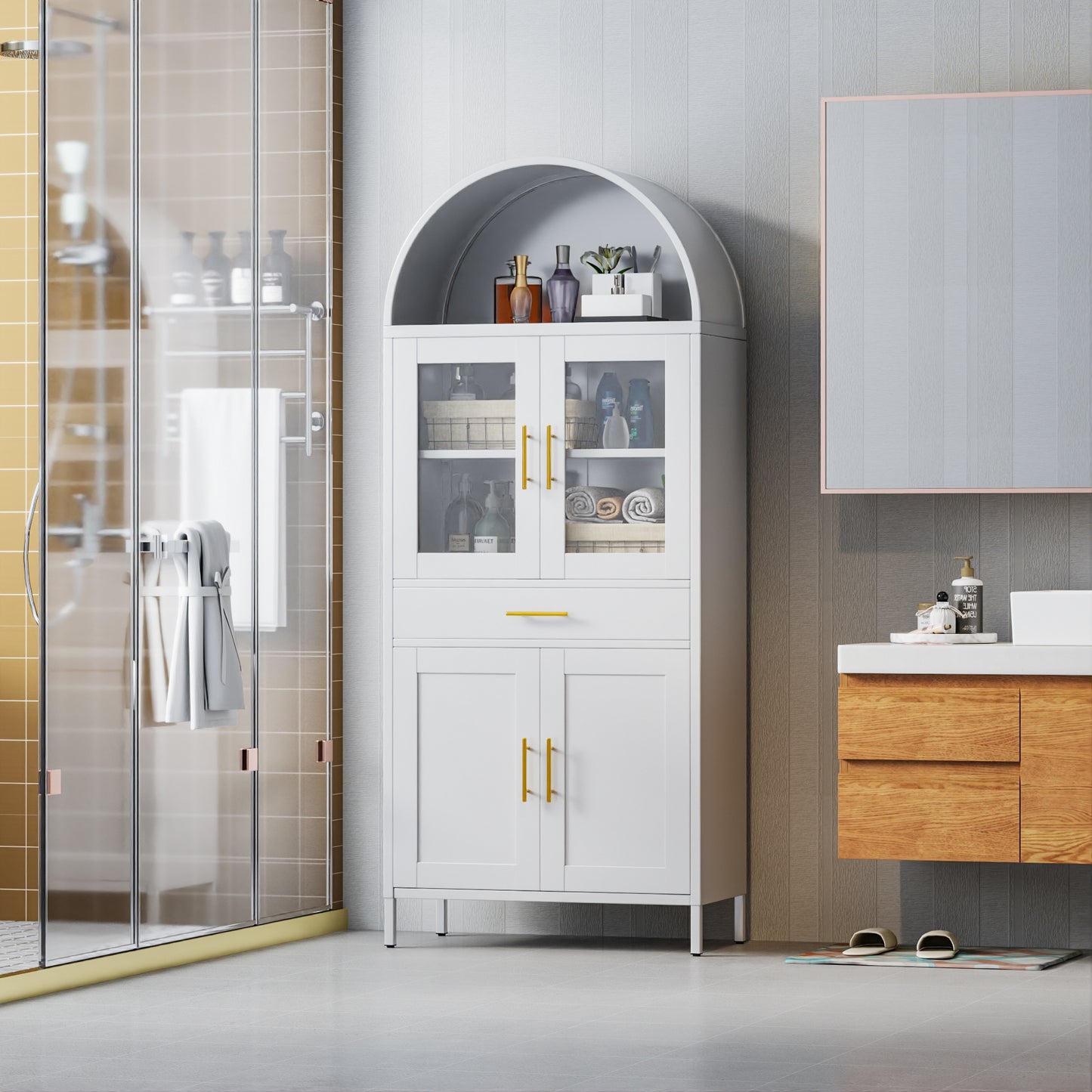 Metal Arched Household Storage Cabinet In Black And White Color