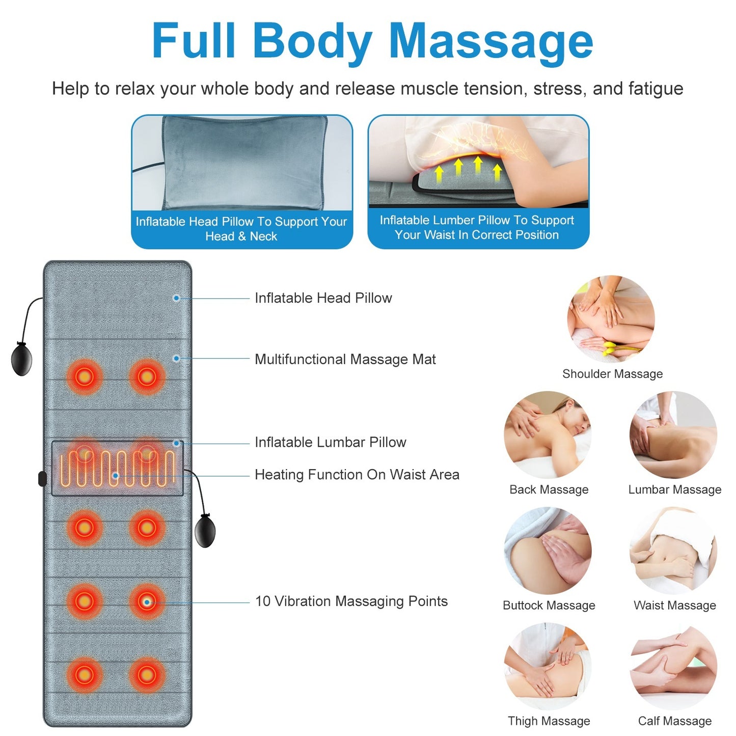Full Body Electric Massage Mat With Heat Vibration Massage Pad Cushion Back Massage Mattress Chair Pad With Inflatable Head Pillow Lumbar Pillow With 10 Vibration Motors 3 Timers