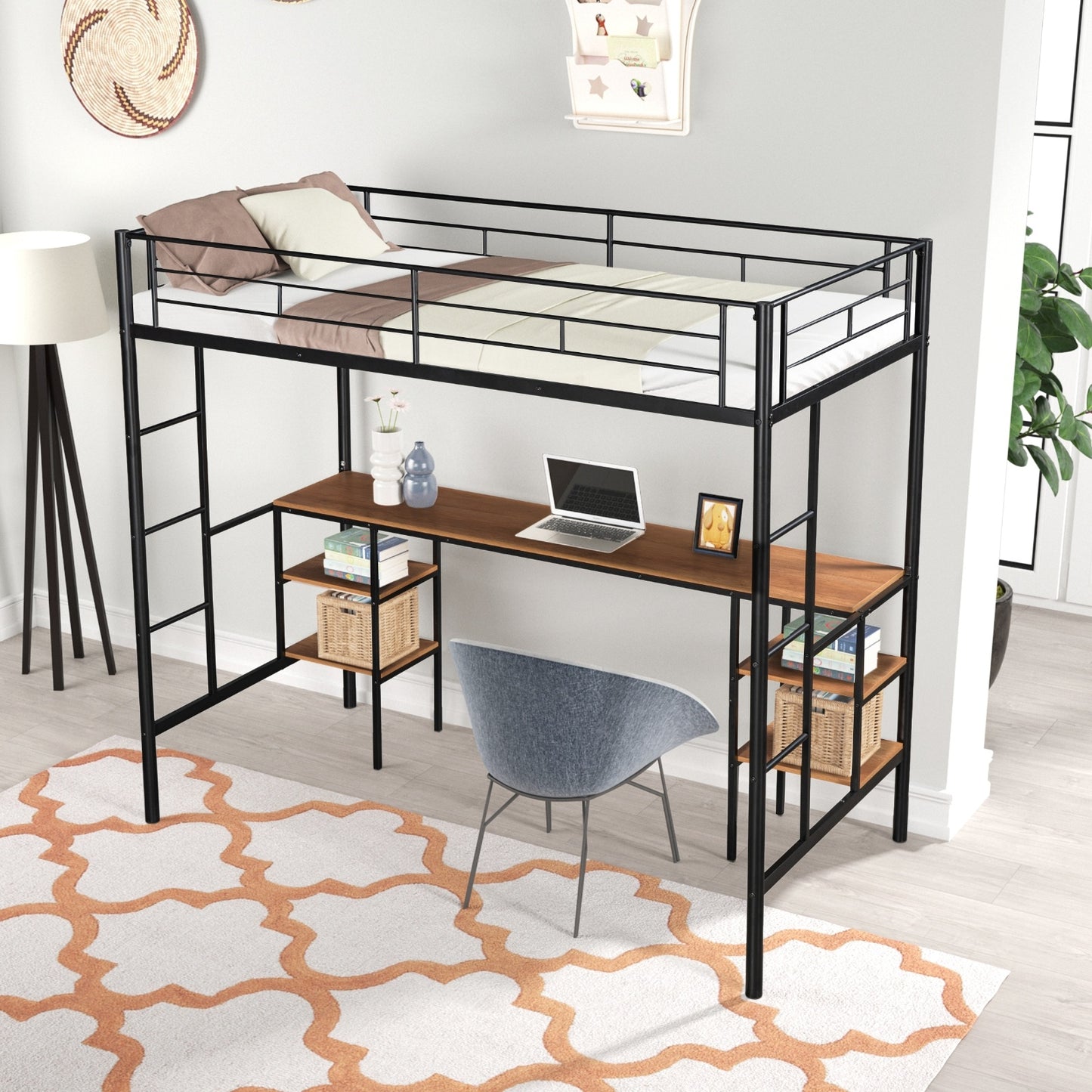 Twin-Size Loft Bed With Built-in Table & Shelves - Heavy-Duty Metal